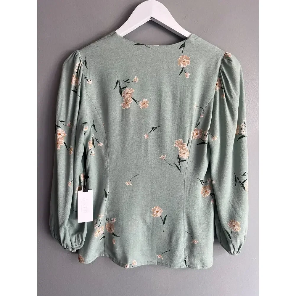 ASTR The Label Wrap Blouse NWT Women's S Sage Floral Puff Sleeve Boho Romantic